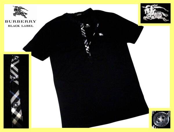 幻の新品タグ付き バーバリーブラックレーベル BURBERRY BLACK LABEL ホース刺繍 前立てノバチェックデザイン ヘンリーネック Tシャツ M(2)