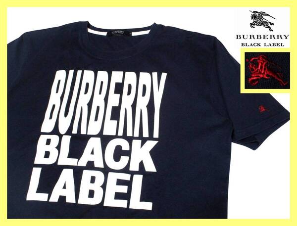 美品 バーバリーブラックレーベル BURBERRY BLACK LABEL ホース刺繍 BIGブランドロゴプリントデザイン Tシャツ 日本製 M(2) ネイビー