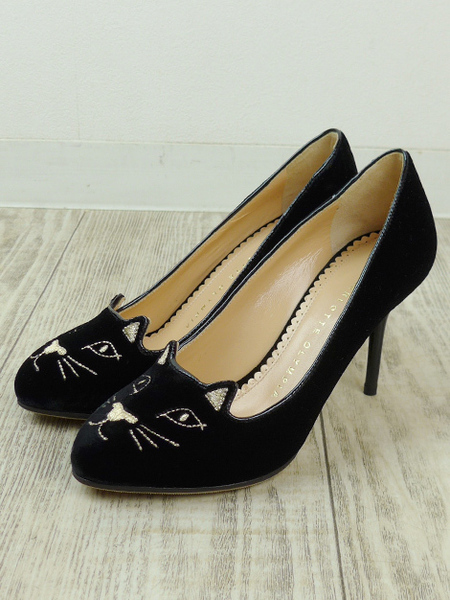 CHARLOTTE OLYMPIA シャーロットオリンピア KITTY ベロアパンプス34/21cm前後 新品 パテントヒール8cm ネコちゃん刺繍 イタリア製