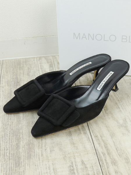 Manolo Blahnik マノロブラニク 定番 MAYSALE スエードミュール ブラック38.5/25cm前後 ヒール6cm 定価13.5万円 メイセール ロンハーマン