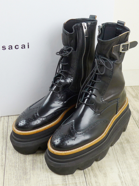 sacai サカイ 定番 Wingtip Engineer Sock Boots ウィングチップ エンジニア ソックブーツ38 ブラック ブーツ 22AW 定価18.1万円