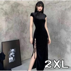 チャイナドレス レディース コスプレ ロング 黒 スリット 2XL