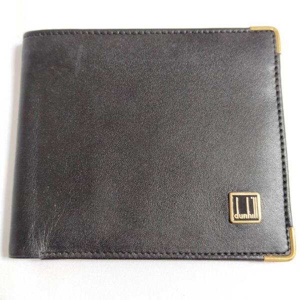 中古 Dunhill 上質なブラックレザー 二つ折り財布 ダンヒル メンズ 財布 ウォレット 黒 札入れ カードケース