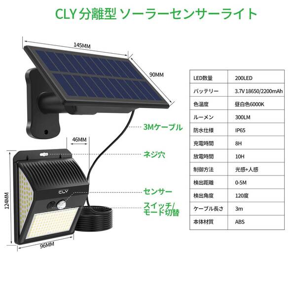 ソーラーライト 屋外 センサーライト 分離式 LED 投光器 防犯 3色切替
