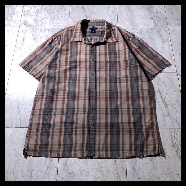 00s OLD GAP レギュラーカラー ボックス チェック シャツ 半袖 茶色