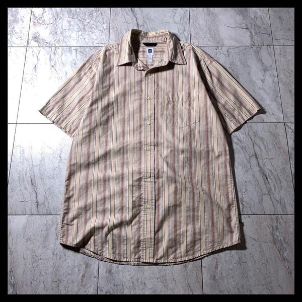 00s OLD GAP レギュラー マルチストライプ シャツ 半袖 ベージュ茶色