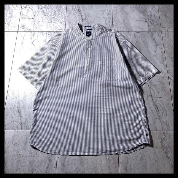 00s OLD GAP プルオーバー バンドカラー ストライプ シャツ 半袖 L