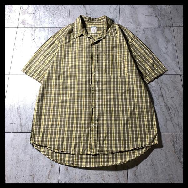 90s 00s OLD NAVY BD チェックシャツ 半袖 黄色 カーキ L