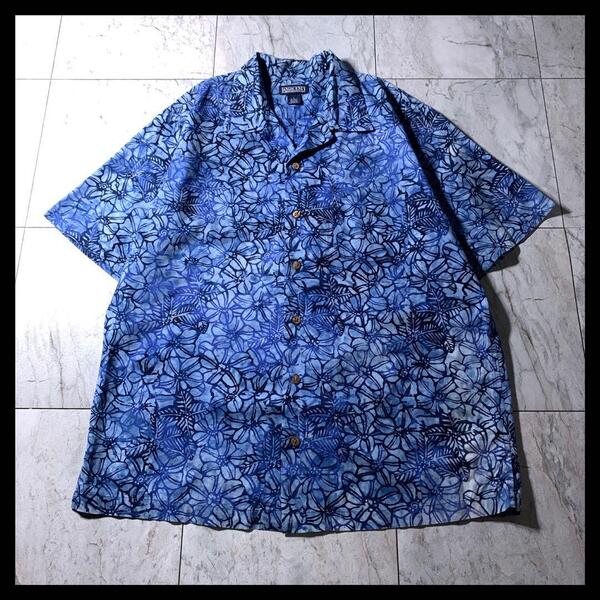 90s LAND'S END 総柄 花柄 コットン アロハシャツ ブルー L
