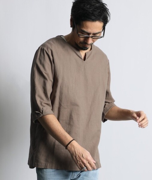 The DUFFER of ST.GEORGE EFD COTTON/LINENサステナブル エコニュアンスカラー キーネックシャツ【L】【Brown】【Spring/Summer】【5分袖】