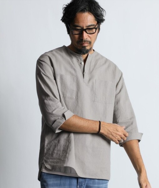 The DUFFER of ST.GEORGE LINEN BLEND NO COLLAR 3Q SHIRT:綿麻素材 7分袖 ノーカラーシャツ【S】【Light Gray】【2024/SS】