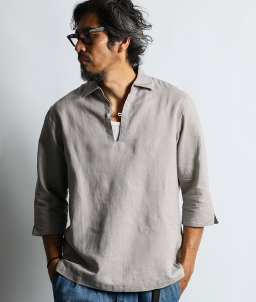 The DUFFER of ST.GEORGE LINEN BLEND 3Q SKIPPER SHIRT:綿麻素材7分袖 スキッパーシャツ【S】【Light Gray】【2024/SS】