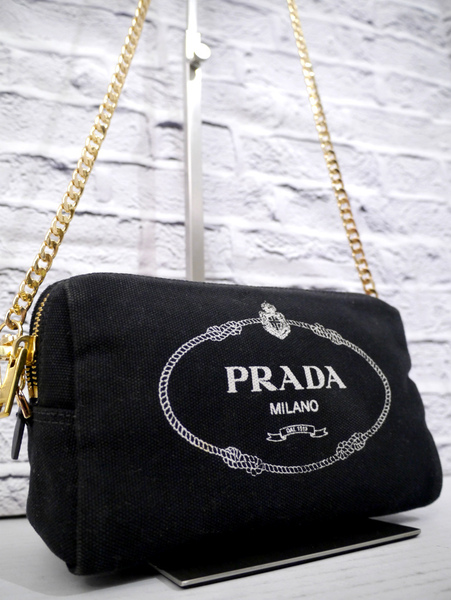 ◆PRADA プラダ CANAPA カナパ ビッグロゴ クロスボディ チェーンストラップ ミニ ショルダー バッグ カメラ バッグ ポーチ ポシェット 黒