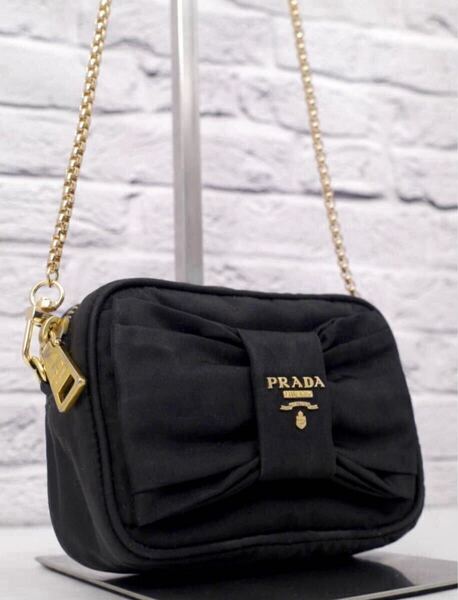 ◆PRADA プラダ ビッグリボンデザイン ナイロン クロスボディ チェーンストラップ ミニ ショルダー バッグ ポシェット ポーチ 黒x金◆