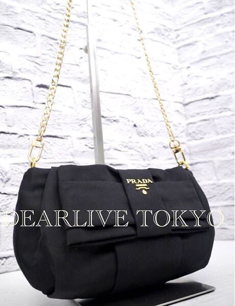 美品◆ PRADA プラダ ビッグリボンデザイン クロスボディ チェーンストラップ ショルダー カメラ バッグ 黒x金◆ リボンが可愛いレアモデル