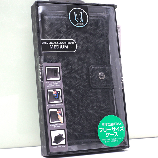 スマートフォン 汎用 マルチサイズ 手帳型ケース UUNIQUE LONDON フリーサイズケース Mサイズ (MIEDIUM) 黒 ブラック 未使用品