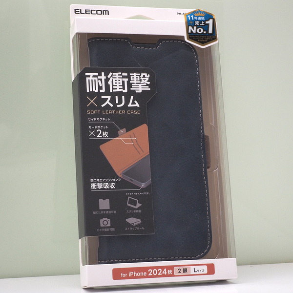 Apple iPhone 16 Plus (2眼・6.7インチ) 用 耐衝撃 スリム 薄型 手帳型ケース ソフトレザー ケース 磁石付 ステッチ ネイビー 紺 未使用品