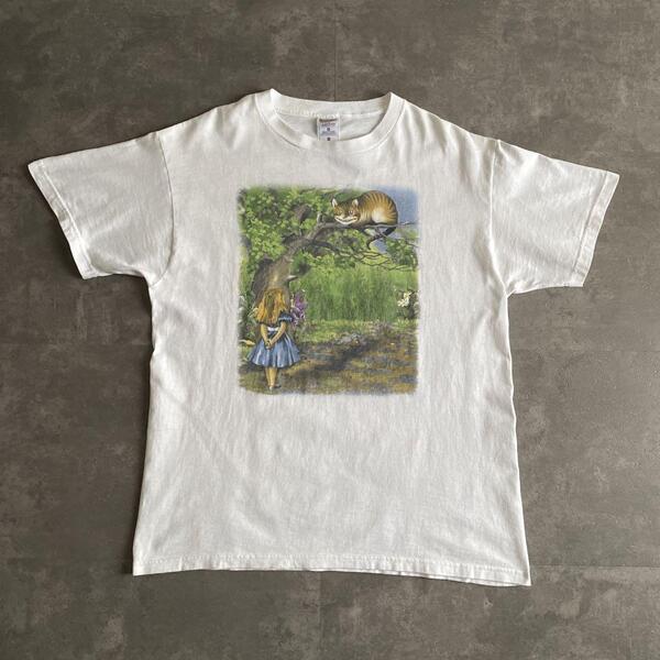 スペシャル 90s ビンテージ 不思議の国のアリス Alice's Adventures in Wonderland アリスとチェシャ猫 Tシャツ 白 ホワイト L 90年代
