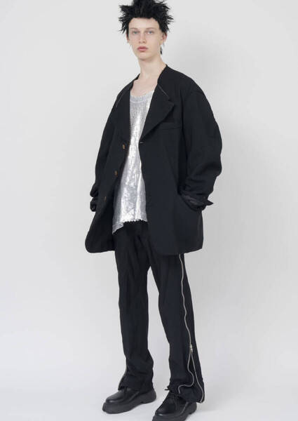 24SS BLACK COMME des GARCONS ブラック コム デ ギャルソン エステル ギャバジン パンツ ジップ ジッパー 製品後加工 L 黒
