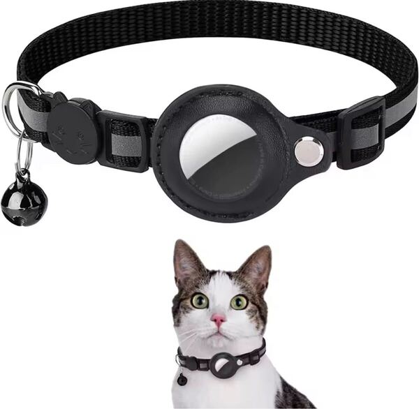 猫用エアタグホルダー首輪 反射材付き 安全バックル&鈴付き 調節可能(22-32cm) 防水 ペット追跡用 Airtag