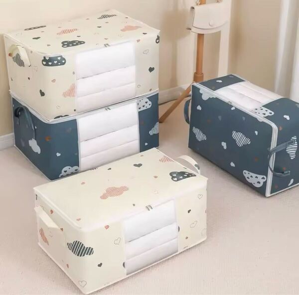 【送料無料・新品】衣類収納ボックス 大容量 60×40×30cm 折りたたみ式 取っ手付き 透明窓付 雲柄 ブルー