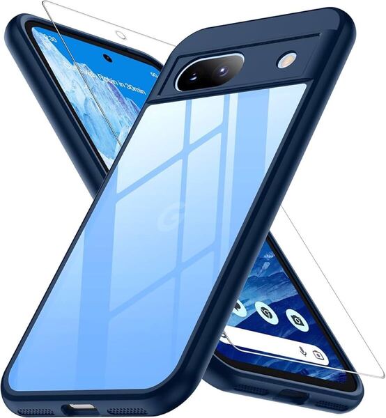 2317509☆ Google Pixel 8a ケース ブルー 黄変防止 グーグルピクセル8a ケース 耐衝撃 ガラスフイルム保護付き 指紋防止 落下防止