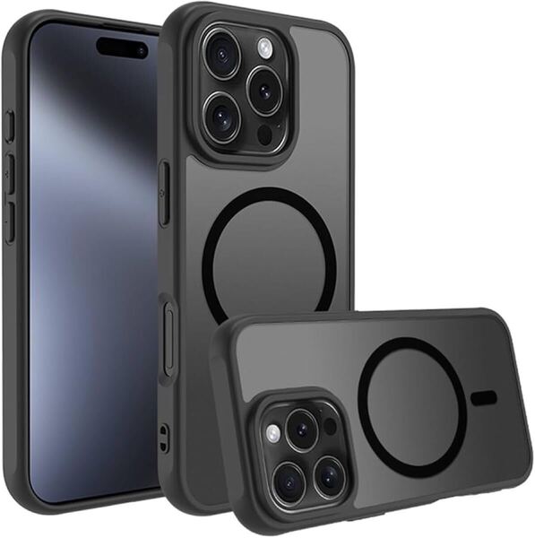 2300229☆ iPhone 16 Pro ケース 半透明 pc 耐衝撃 Magsafe対応 マット感 軽量 薄型 米軍MIL規格 (ブラック, IPhone 16 Pro)