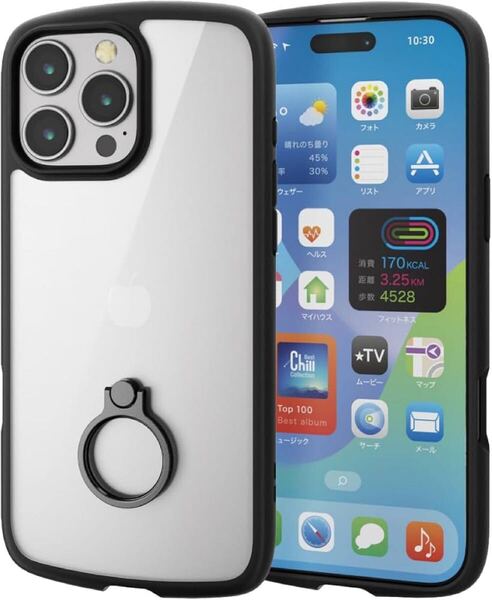 2303215☆ エレコム iPhone 16 Pro Max ケース クリア 耐衝撃 衝撃吸収 リング付き ハイブリッド 薄型 軽量 ストラップホール付き