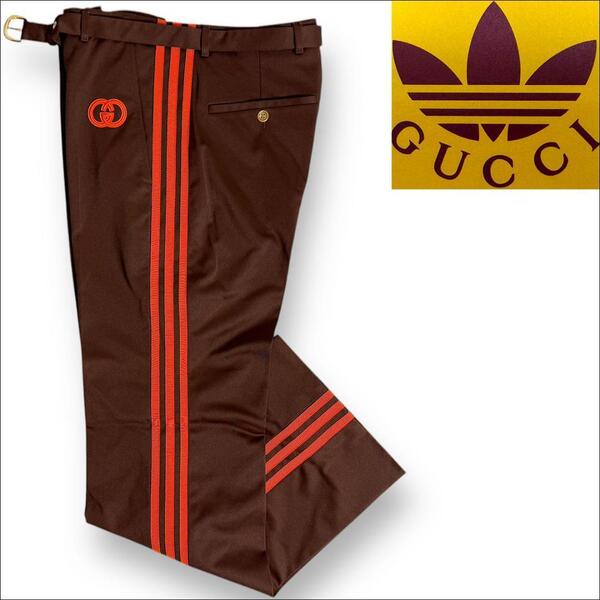 J7352新品 グッチ×アディダス サイドライン ジャージーベルテッドトラックパンツ ブラウン 46 ADIDAS X GUCCI Jersey Trousers Dark Brown