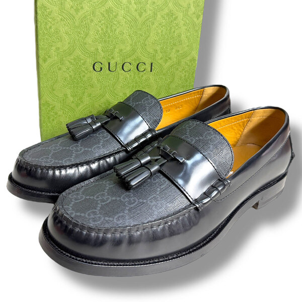 J6148 新品 グッチ ミケーレ期 GG柄 GGジャガード タッセルローファー グレー×ブラック 10(29cm) 67381717X30 GUCCI