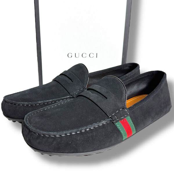 J7173 新品 グッチ シェリーライン HAINAN サイドストライプスエードローファー ドライビングシューズ ブラック 10.5(29.5cm) GUCCI