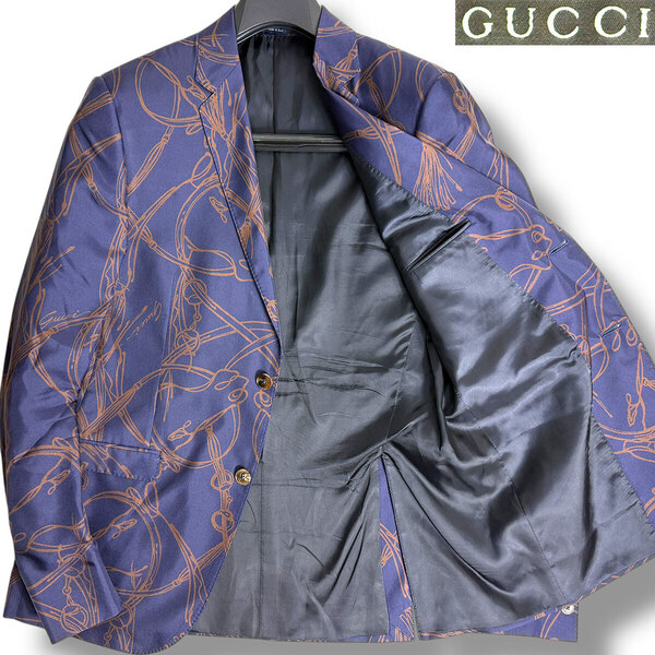 J7014 超美品 グッチ ゼニア製ホースビット総柄 オールシルクテーラードジャケット ネイビー 50 GUCCI