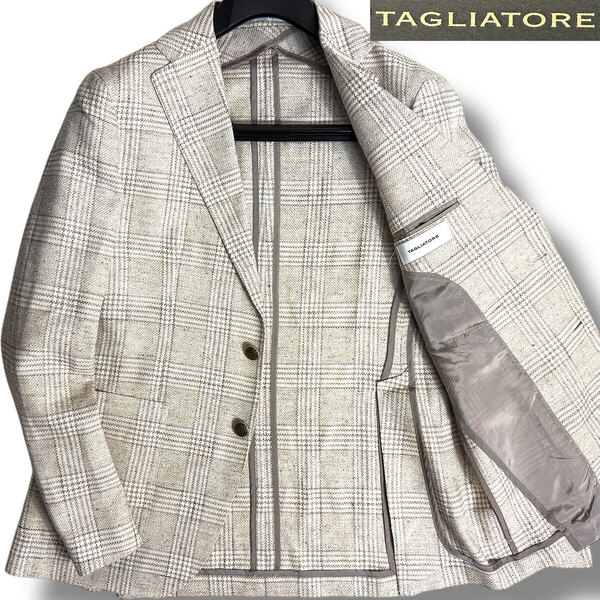 J7098 新品 タリアトーレ 1SMC22K MONTECARLO モンテカルロ シルクリネン チェック柄サマージャケット ベージュ 48 TAGLIATORE
