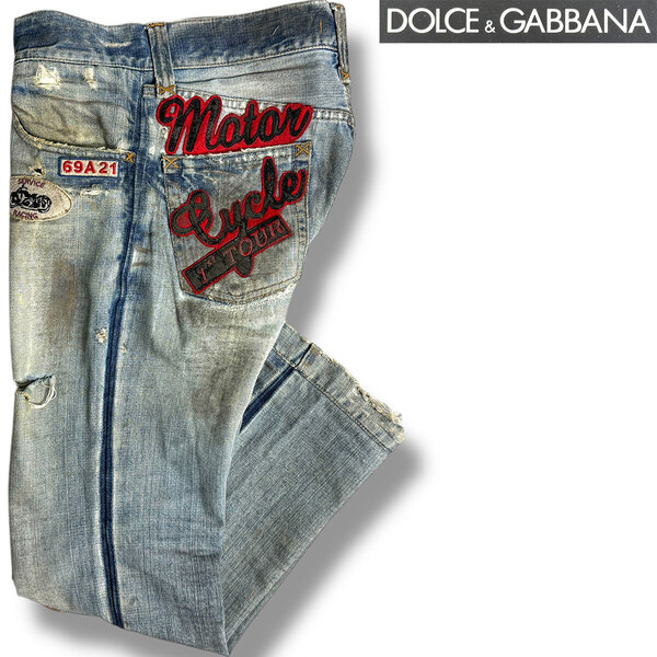 J3056 良品 ドルチェ&ガッバーナ 14CLASSIC クラッシュ加工 ワッペン プレートデニムパンツ 48 DOLCE&GABBANA