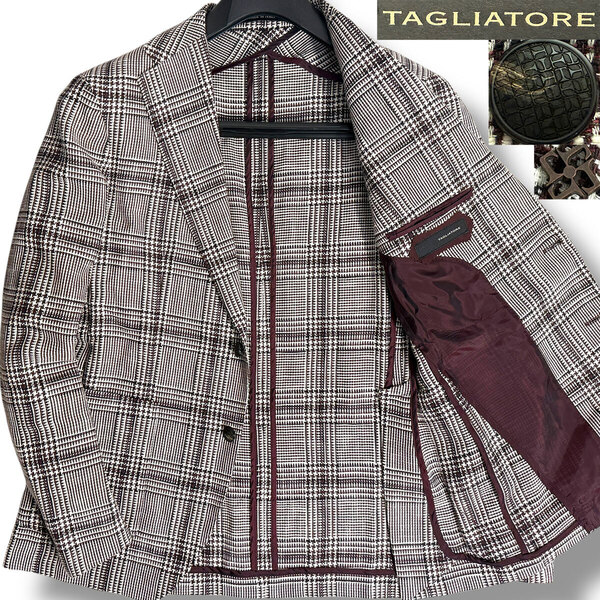 J7177 美品 タリアトーレ MONTECARLO モンテカルロ シルクリネン チェック柄サマージャケット ブラウン 50 TAGLIATORE