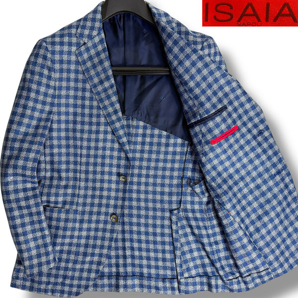 J3536 美品 イザイア SAILOR オールシルク チェック柄サマージャケット ネイビー 46 ISAIA