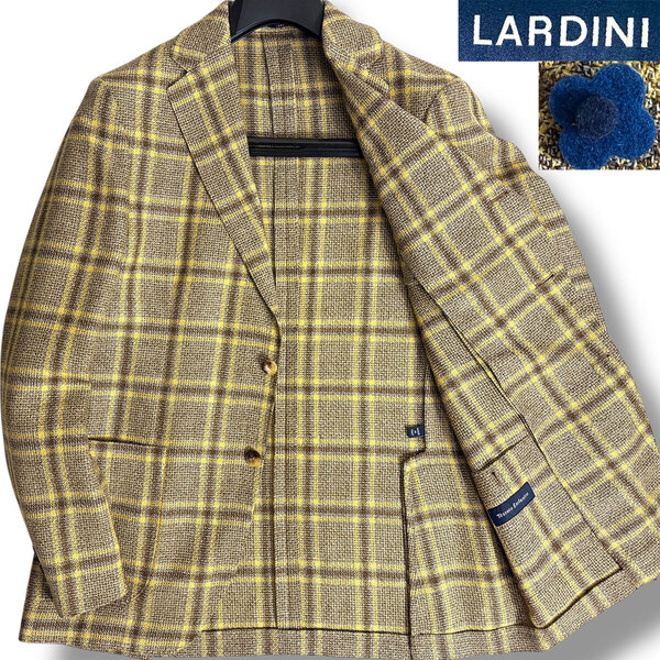J3592 超美品 ラルディーニ JR903AQ リネンミックス ウインドーペン柄サマージャケット ブラウン×イエロー 48 LARDINI