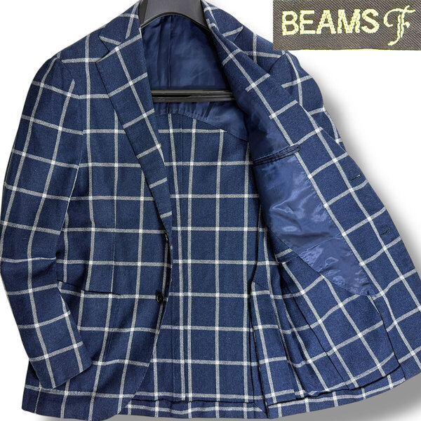 J7355 美品 ビームスF CARLO BARBERA生地 シルクリネンウインドーペーン柄サマージャケット ネイビー 46 BEAMS F