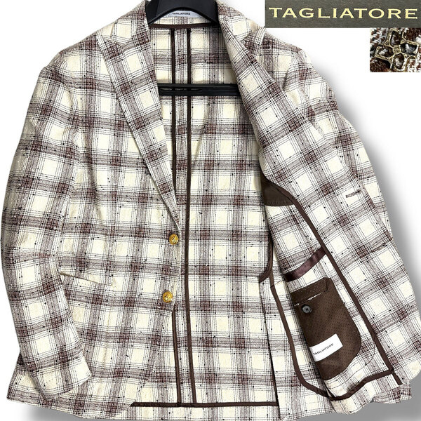 J7187 新品 タリアトーレ G-DERRICK26K ピークドラペル 金ボタン グレンプレイド サマージャケット アイボリー 48 TAGLIATORE