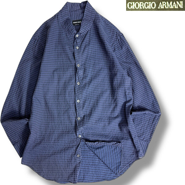 J5200 美品 ジョルジオアルマーニ 黒タグ シアサッカーバンドカラーシャツ ネイビー 40/15(3/4) GIORGIO ARMANI