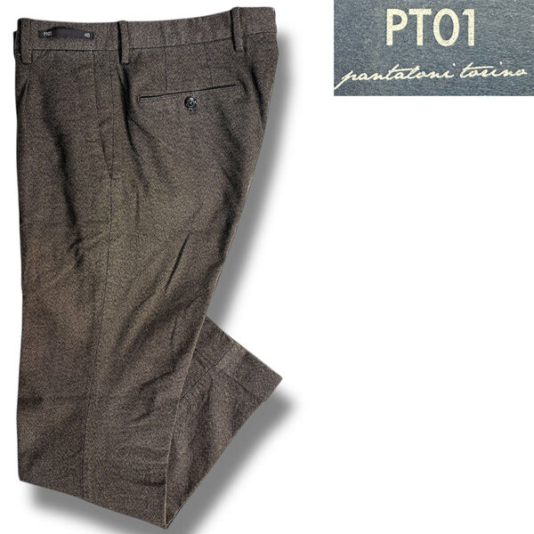 J5101 美品 PT01 COVA FIT 1プリーツコットンストレッチスラックス ブラウン 46