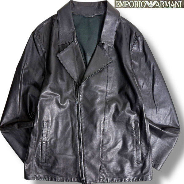 J6259 美品 エンポリオアルマーニ 黒タグ ラムレザー ダブル サマーライダースジャケット ブラック 48 EMPORIO ARMANI
