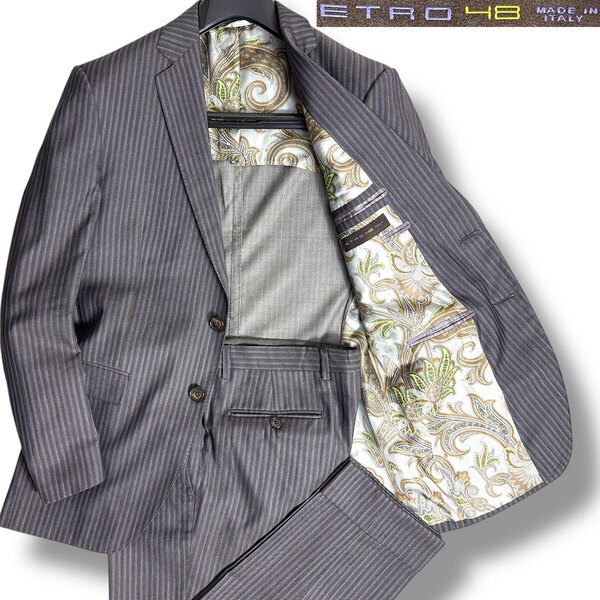J7341 美品 エトロ ペイズリー柄裏地 シルクウール ストライプサマースーツ グレー×パープル 48 ETRO