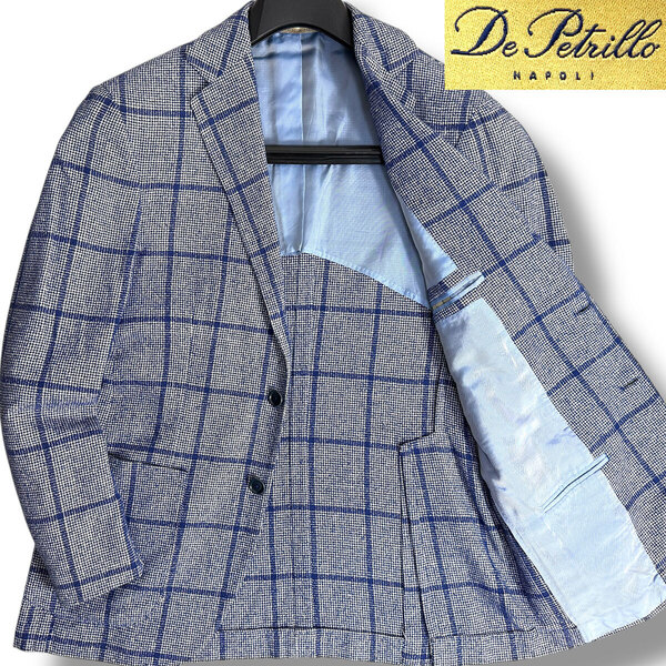 J6379 美品 デペトリロ Posillipo リネンミックス ウインドーペーン柄 サマージャケット ネイビー 48 De Petrillo