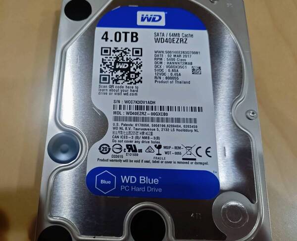 HDD4TB 3.5インチ SATA 827時間 内蔵HDD WD WD40EZRZ Crystaldiskinfoにて正常品 中古