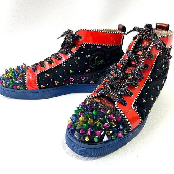 希少*クリスチャンルブタン Christian Louboutin 44 29cm相当 ルイススパイク ハイカット スニーカー ルブタン スタッズ マルチカラー 黒
