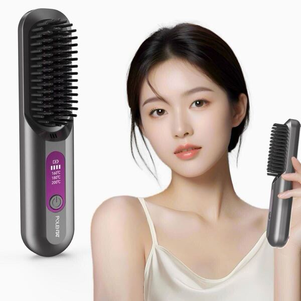 ヒートブラシ ストレートブラシ ヘアアイロン ブラシアイロン ストレート カール コードレス マイナスイオン ヘアケア USB充電式 160-200℃