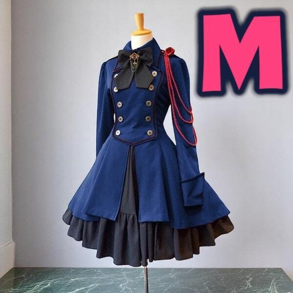 ◆ Mサイズ 軍服 ワンピース ロリータ コスプレ レディース ハロウィン 衣装 ブルー 長袖 ゴスロリ かわいい