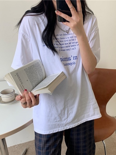 ◆ レディース Tシャツ ルーズフィット ロゴ 半袖 韓国 袖眺め ホワイト
