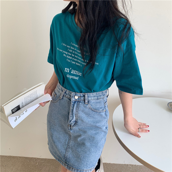 ◆ レディース グリーン Tシャツ ルーズフィット オーバーサイズ ワンサイズ 半袖 丸首 英字 ロゴ シンプル